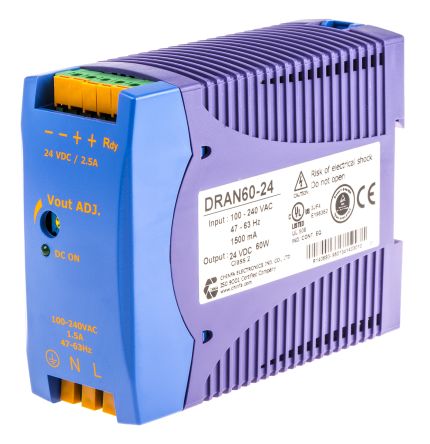DRAN60-24, Купить DRAN60-24 CHINFA Блок питания 24В со входом 85…264 В AC / 90…375 В DC, мощность 60Вт / 2,5А, монтаж на DIN-рейку